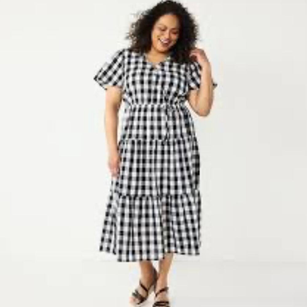 Croft‎ & Barrow Gingham Seersucker Tiered Midi Dress Womens 1X Cottage Coastal
